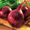 three Red Karmen onions with celery tops on wooden planks