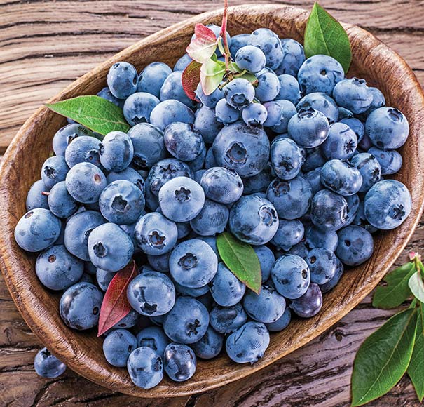 a wooden bowl of Blueberry 'Blueray' berries on a wooden surface
