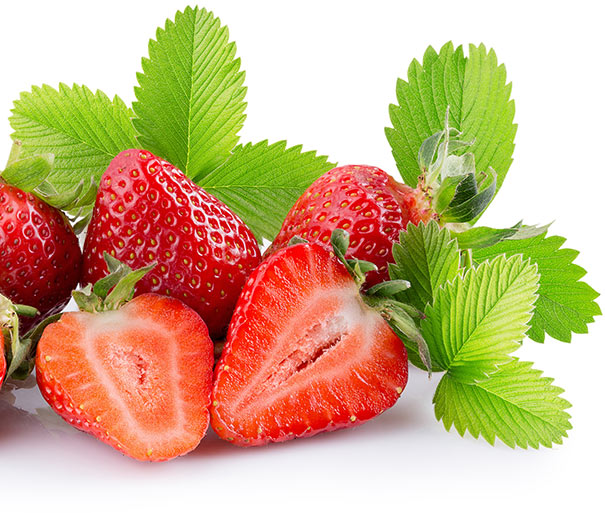 a few 'Eversweet' strawberries with green tops and one cut in half exposing the inside of the berry, against a white background