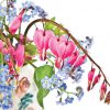 an arching stem of bleeding hearts with another perennial of tiny blue blossoms against a white background