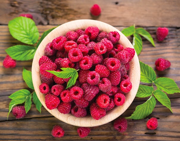 harvested raspberry 'Amity' berries in a bowl on a wooden surface with foliage