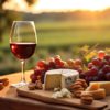 Canadice grapes on a charcuterie board with wine, cheeses and nuts. The board sits outside at sunset in a vineyard.