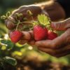 Hands picking ripe strawberries